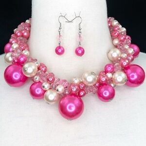 Bubblegum Chunky Pearl Cluster Statement Necklace Earrings Set
